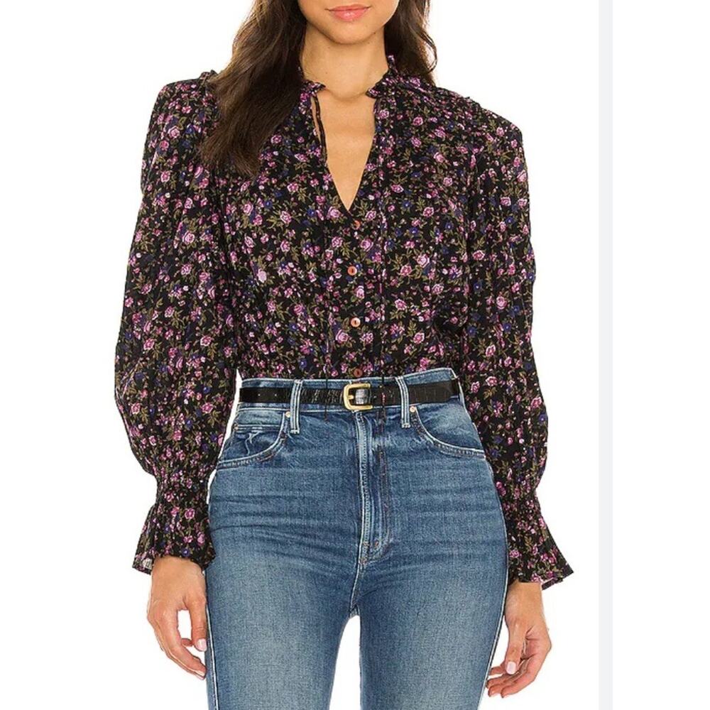 Free People Top Womens S Black Pink Floral Shirt Cottage Boho Summer Western - Picture 6 of 11